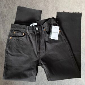 REDONE 70s Mid Rise Jeans Womens 25 Black Straight Leg Ankle Raw Hem Retro Denim
